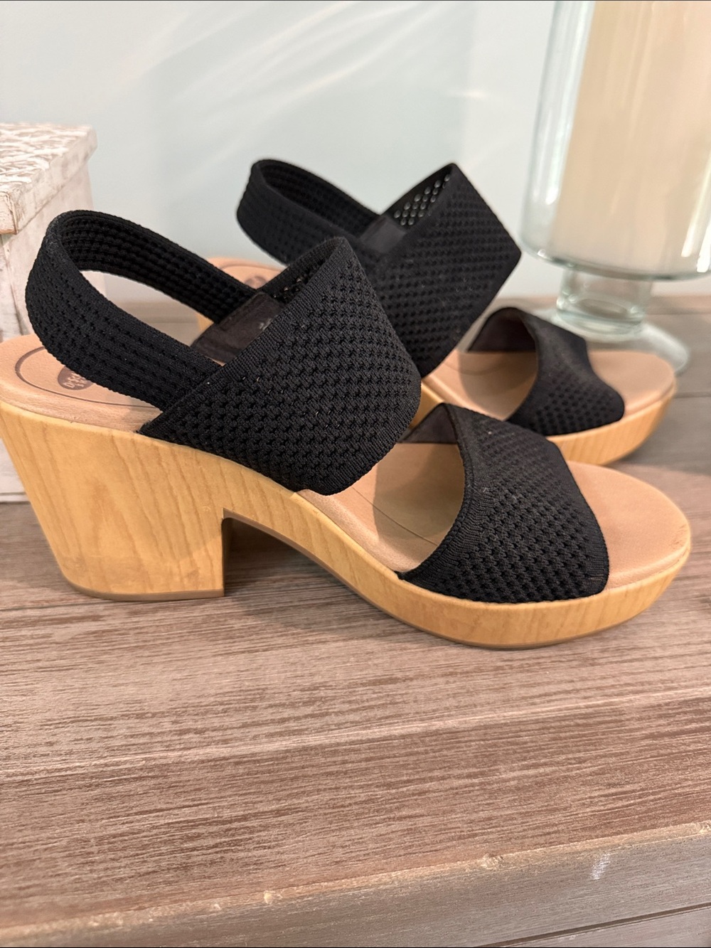 Dr. Scholl's Black Knit Slingback Wedge Sandals with Wood-Effect Heel